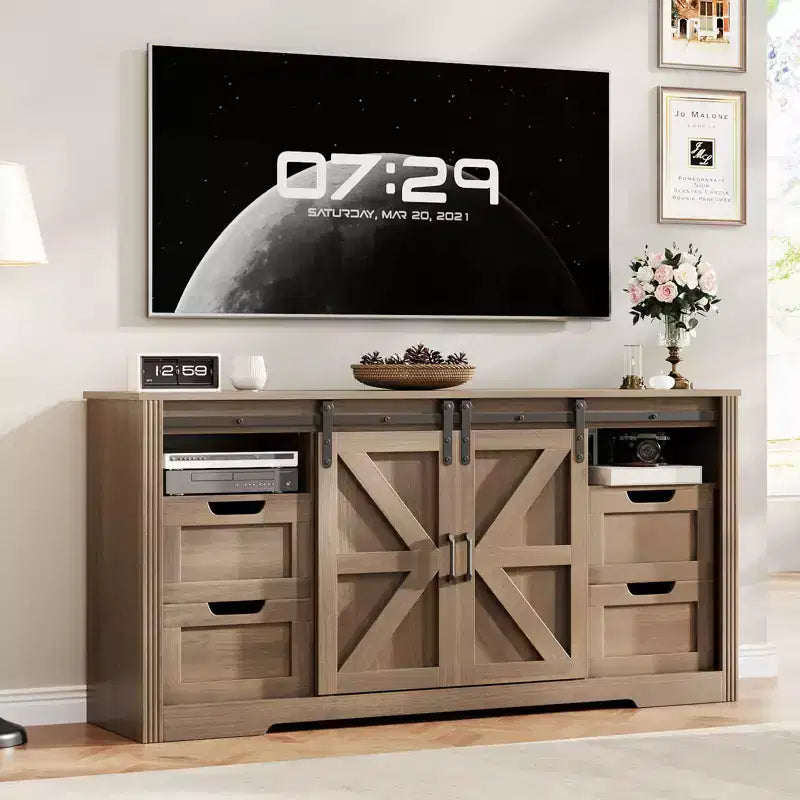 COZONY Farmhouse TV Stand for Up to 70 in TVs 66 in Wood Entertainment Center with 4 Drawers Sliding Barn Door & Storage Shelves for Living Room