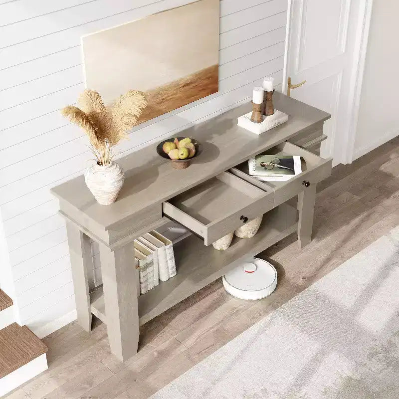 Console 2 tiroirs avec étagère inférieure, table d'appoint moderne à 2 niveaux