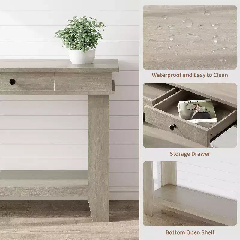 Console 2 tiroirs avec étagère inférieure, table d'appoint moderne à 2 niveaux