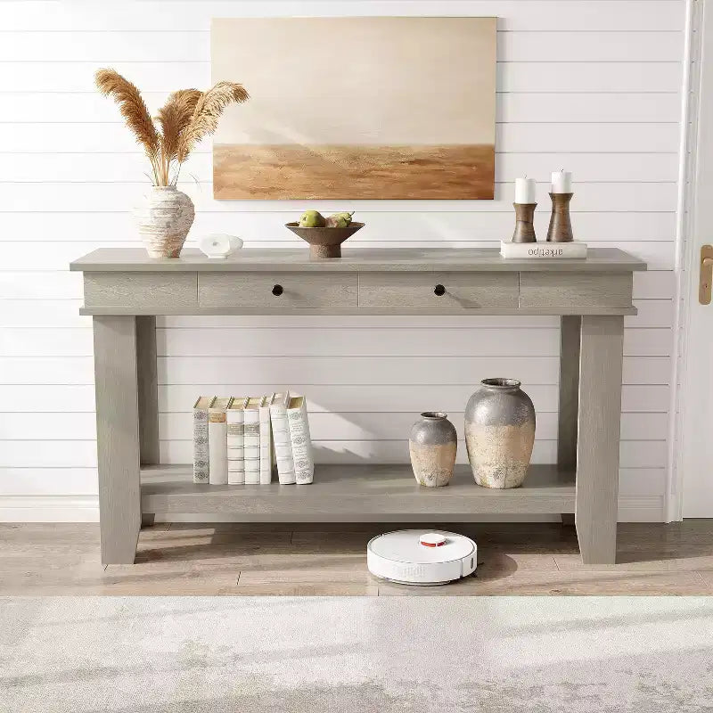 Console 2 tiroirs avec étagère inférieure, table d'appoint moderne à 2 niveaux