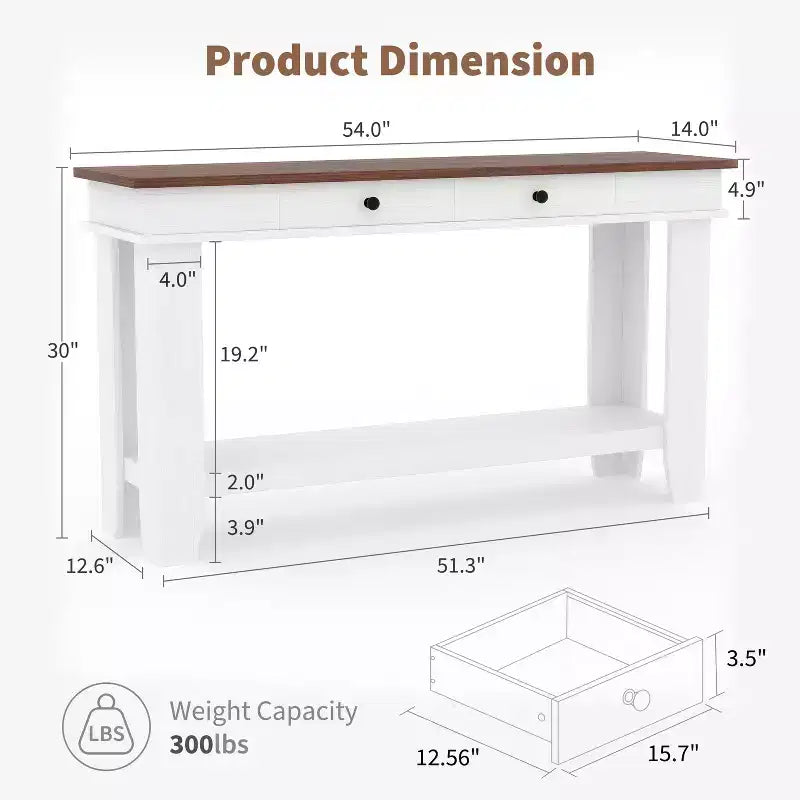 Console 2 tiroirs avec étagère inférieure, table d'appoint moderne à 2 niveaux
