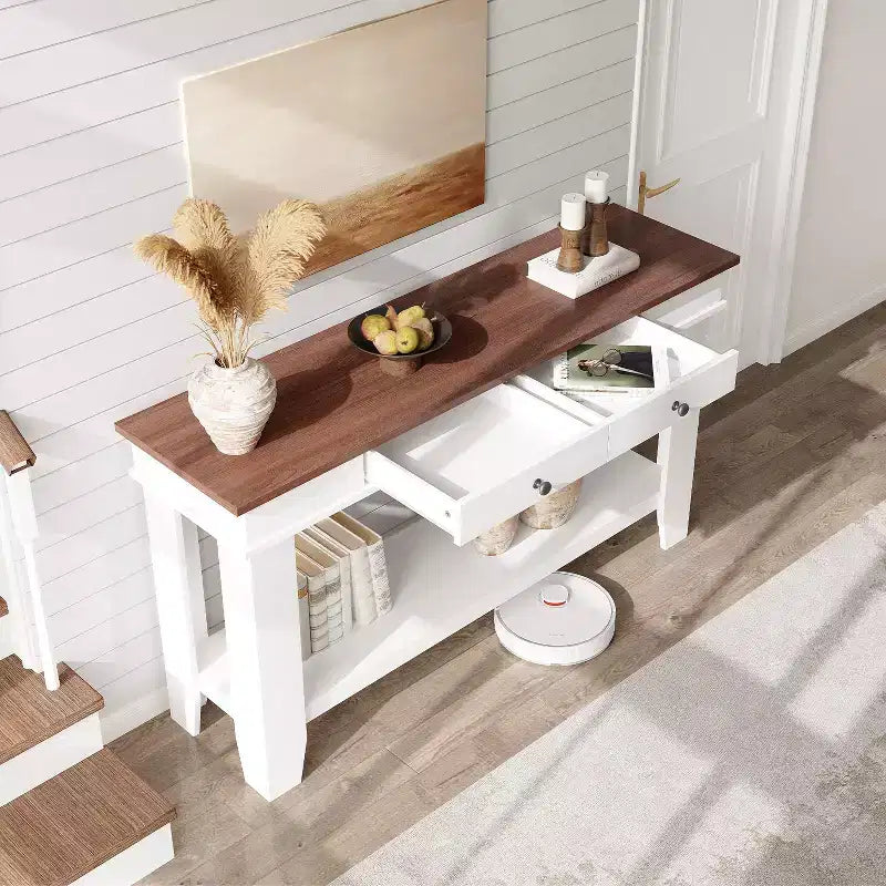 Console 2 tiroirs avec étagère inférieure, table d'appoint moderne à 2 niveaux