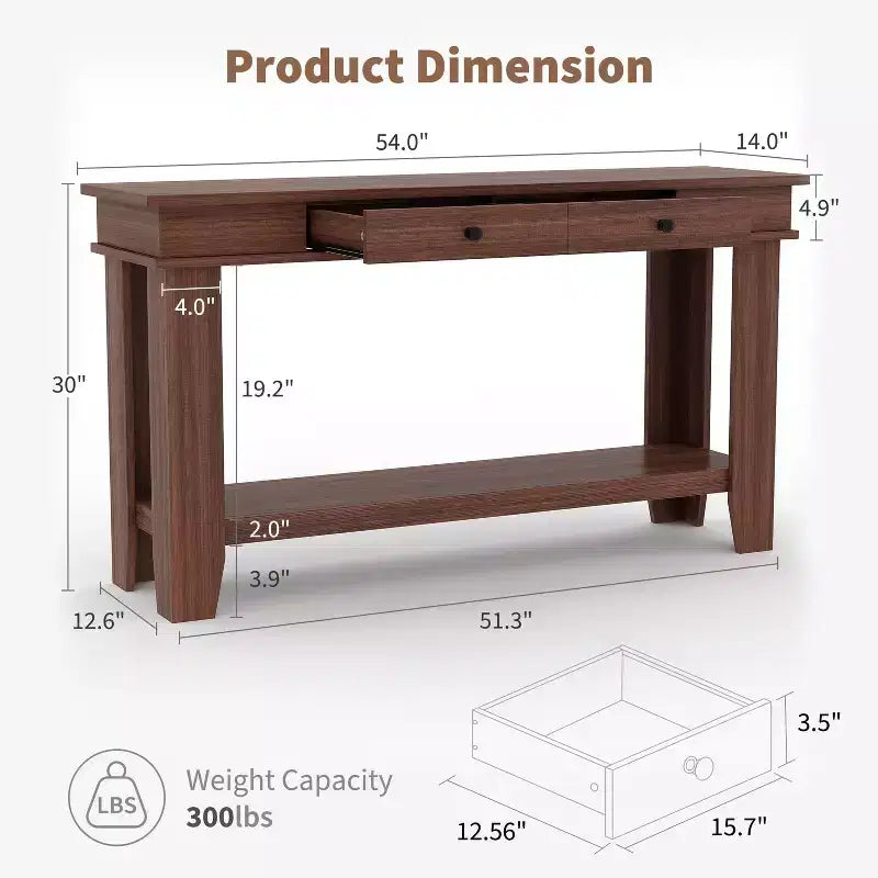 Console 2 tiroirs avec étagère inférieure, table d'appoint moderne à 2 niveaux