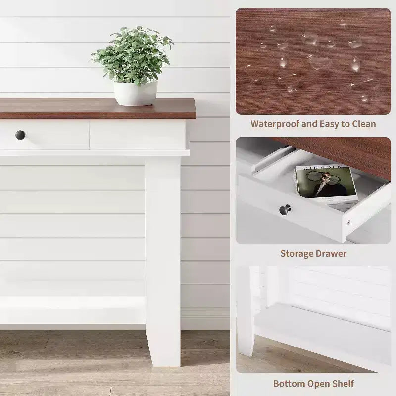 Console 2 tiroirs avec étagère inférieure, table d'appoint moderne à 2 niveaux