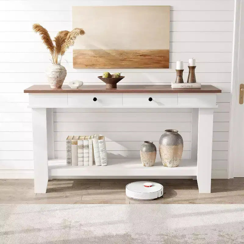 Console 2 tiroirs avec étagère inférieure, table d'appoint moderne à 2 niveaux