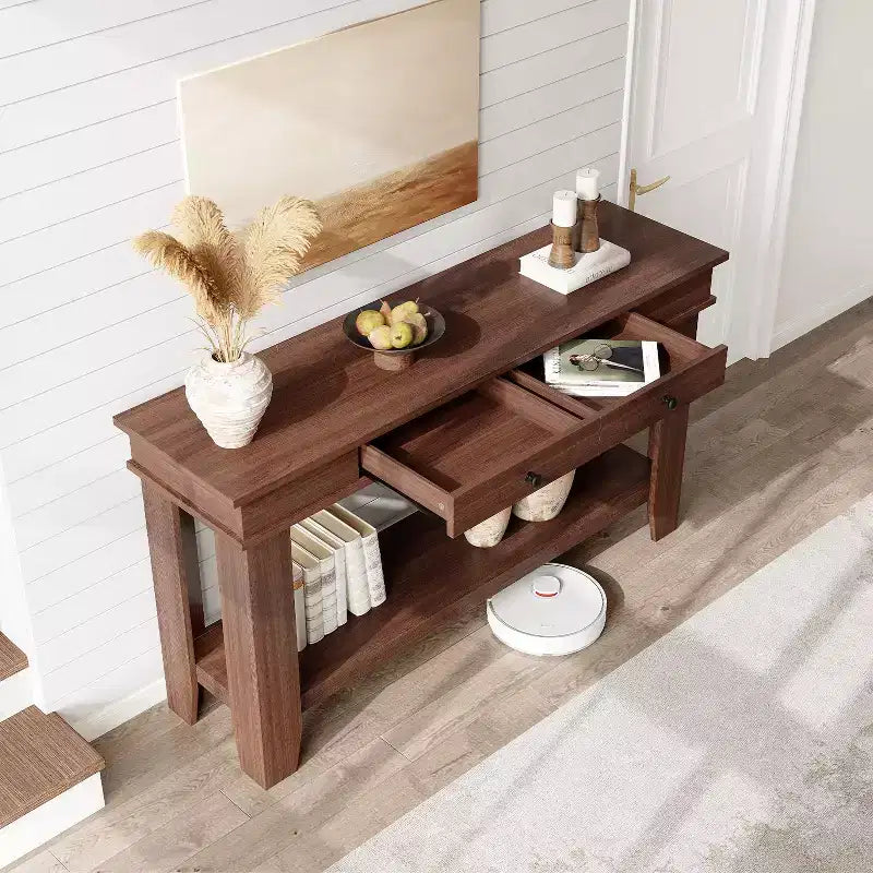 Console 2 tiroirs avec étagère inférieure, table d'appoint moderne à 2 niveaux