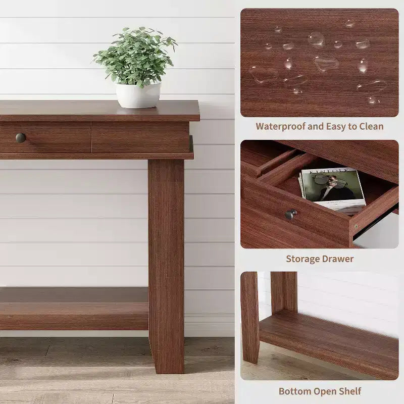 Console 2 tiroirs avec étagère inférieure, table d'appoint moderne à 2 niveaux