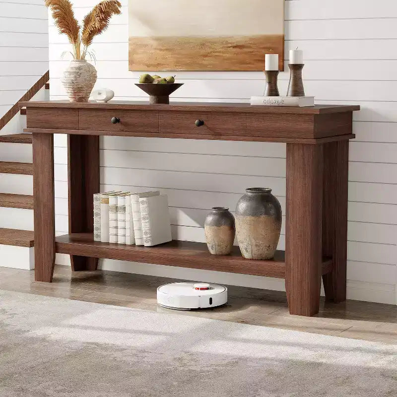 Console 2 tiroirs avec étagère inférieure, table d'appoint moderne à 2 niveaux
