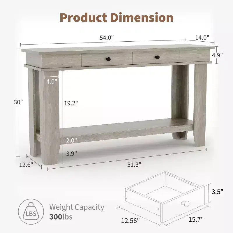 Console 2 tiroirs avec étagère inférieure, table d'appoint moderne à 2 niveaux