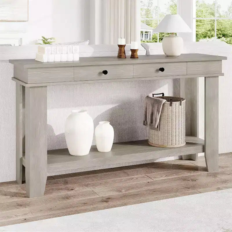 Console 2 tiroirs avec étagère inférieure, table d'appoint moderne à 2 niveaux