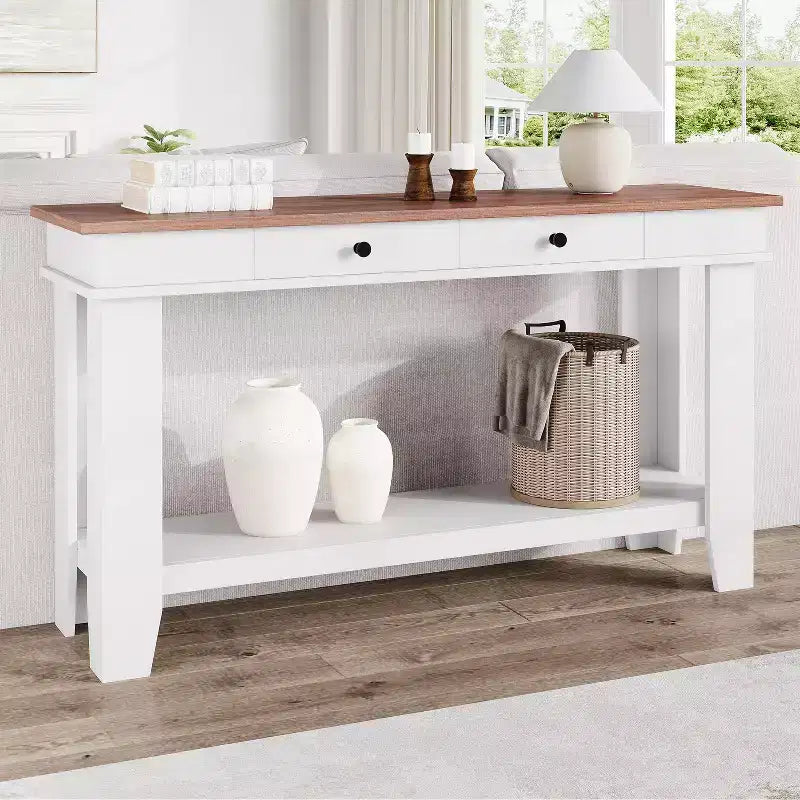 Console 2 tiroirs avec étagère inférieure, table d'appoint moderne à 2 niveaux