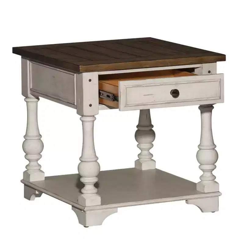 Bout de canapé blanc antique avec accents tabac brossé