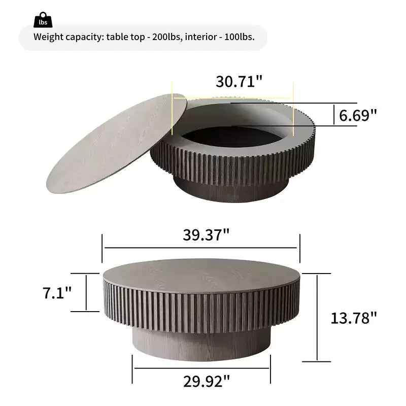 Table basse encastrable rétro ronde/ovale avec rangement dissimulé