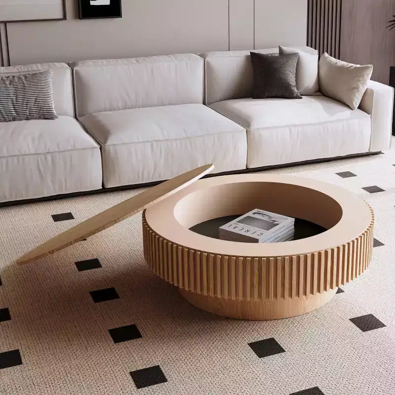 Table basse encastrable rétro ronde/ovale avec rangement dissimulé