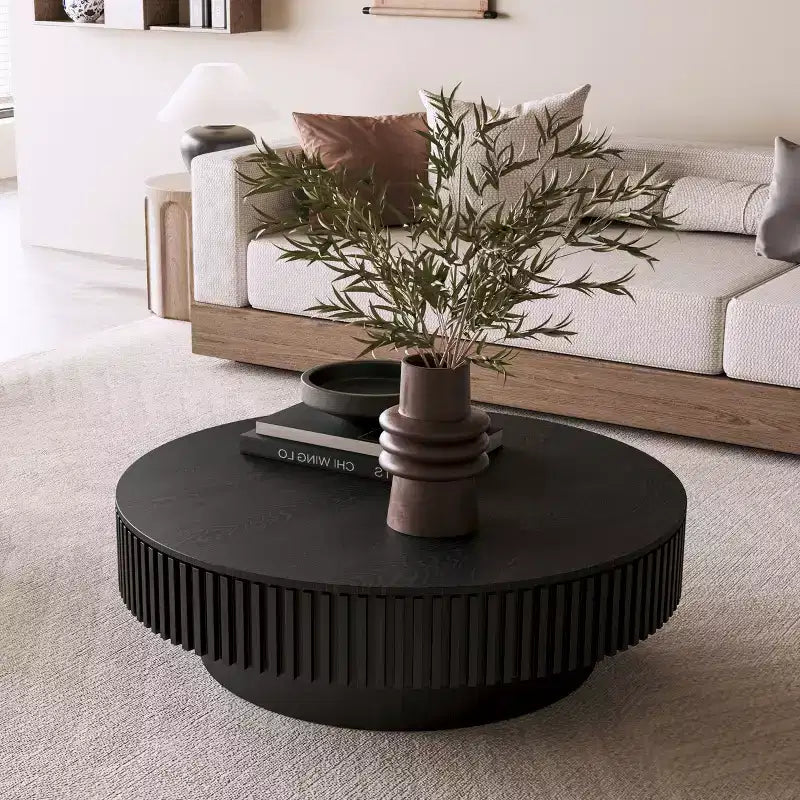 Okak Vintage Round/Oval Fluted Coffee Table with Hidden Storage Solid Wood Veneer Center Table for Living Room Bedroom