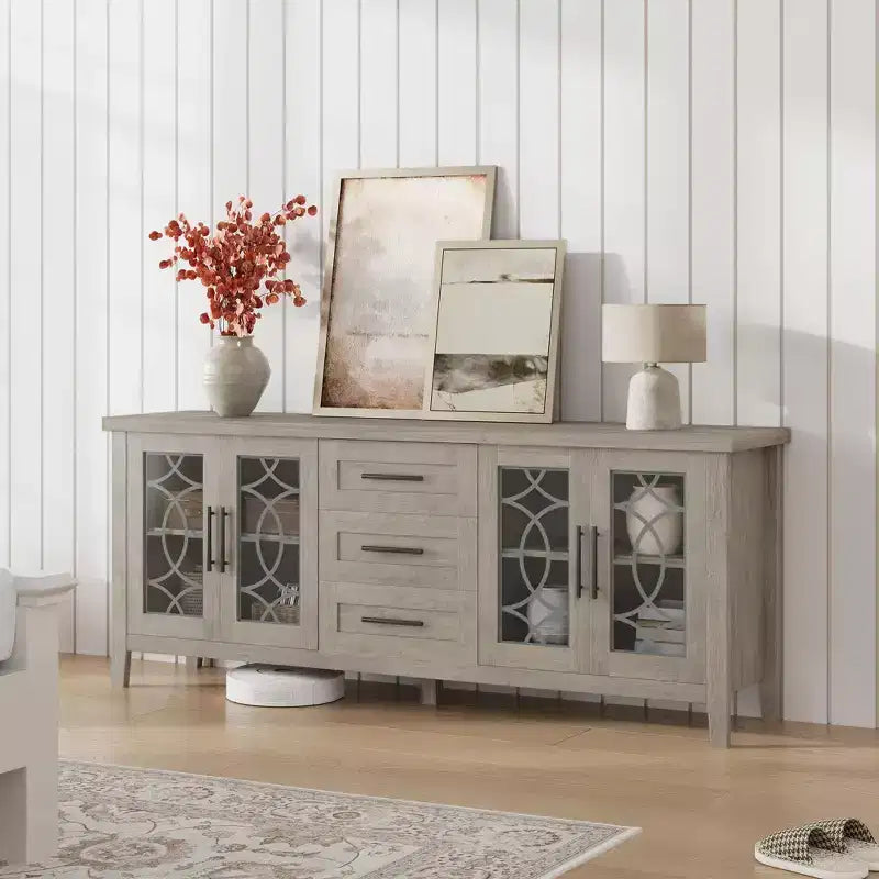 Farmhouse TV Stand for 70TV MidCentury Media Console with 3 Drawers & 2 Doors Kitchen Buffet Sideboard Hallway Cabinet Multipurpose Storage