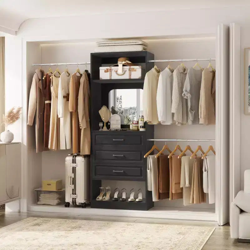 Besiost Freestanding Closet System with Hanging Rods and Mirror Walk-In Wooden Closet Storage with Drawer