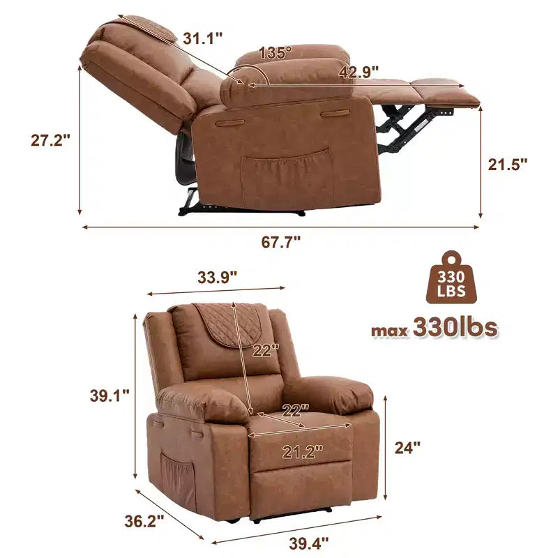 Fauteuil inclinable massant et chauffant pour adulte, inclinaison manuelle à 135°