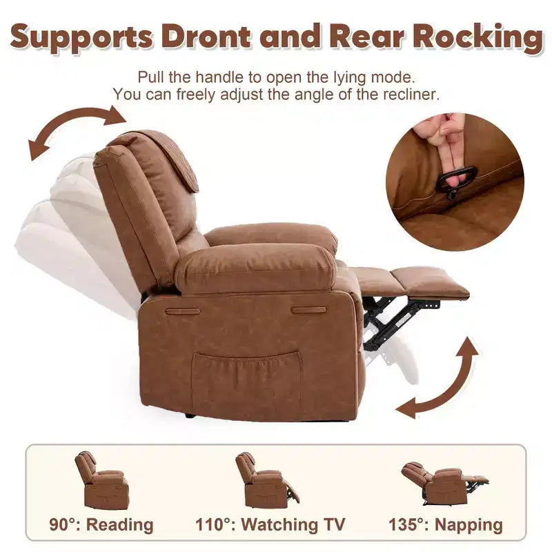 Fauteuil inclinable massant et chauffant pour adulte, inclinaison manuelle à 135°