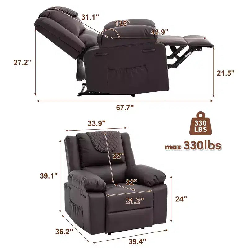 Fauteuil inclinable massant et chauffant pour adulte, inclinaison manuelle à 135°