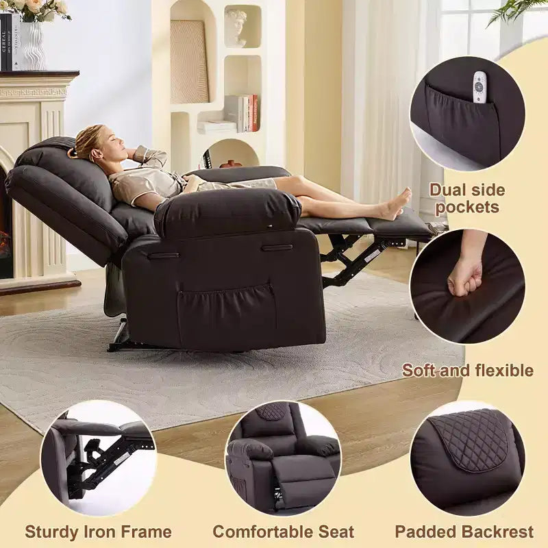 Fauteuil inclinable massant et chauffant pour adulte, inclinaison manuelle à 135°