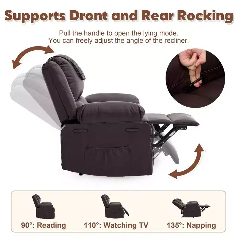 Fauteuil inclinable massant et chauffant pour adulte, inclinaison manuelle à 135°