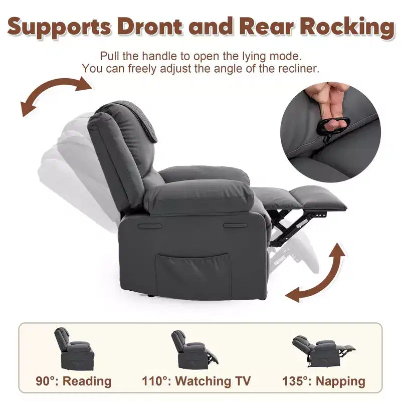 Fauteuil inclinable massant et chauffant pour adulte, inclinaison manuelle à 135°