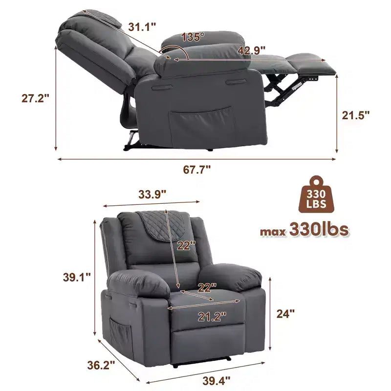 Fauteuil inclinable massant et chauffant pour adulte, inclinaison manuelle à 135°