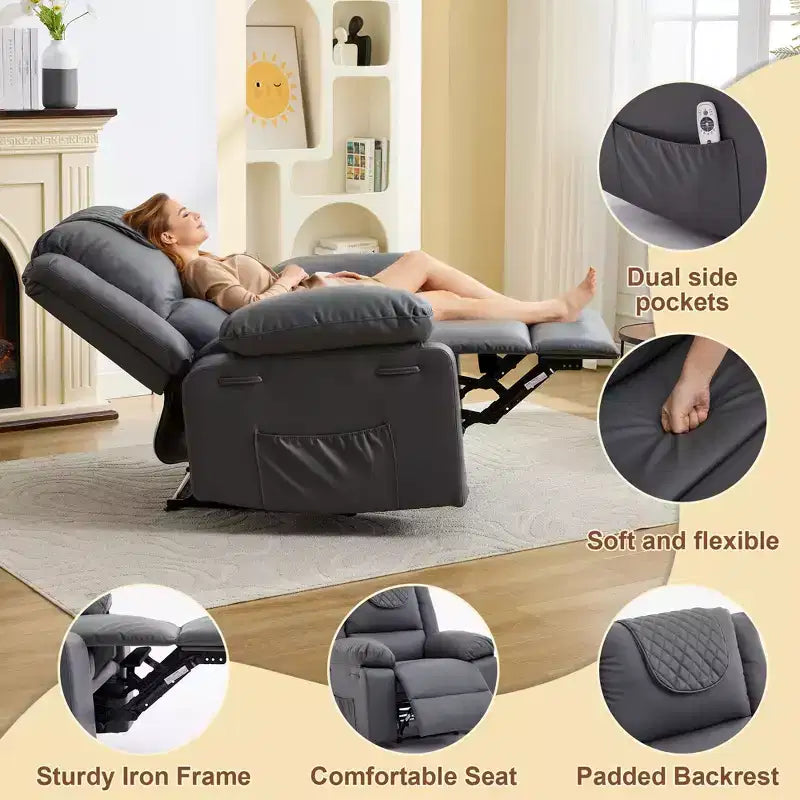 Fauteuil inclinable massant et chauffant pour adulte, inclinaison manuelle à 135°