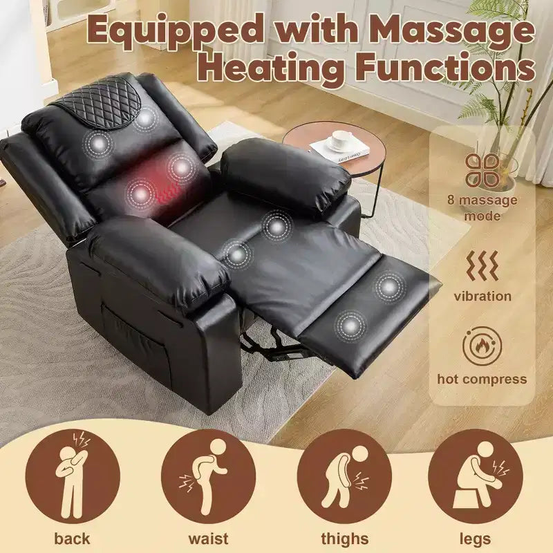 Fauteuil inclinable massant et chauffant pour adulte, inclinaison manuelle à 135°