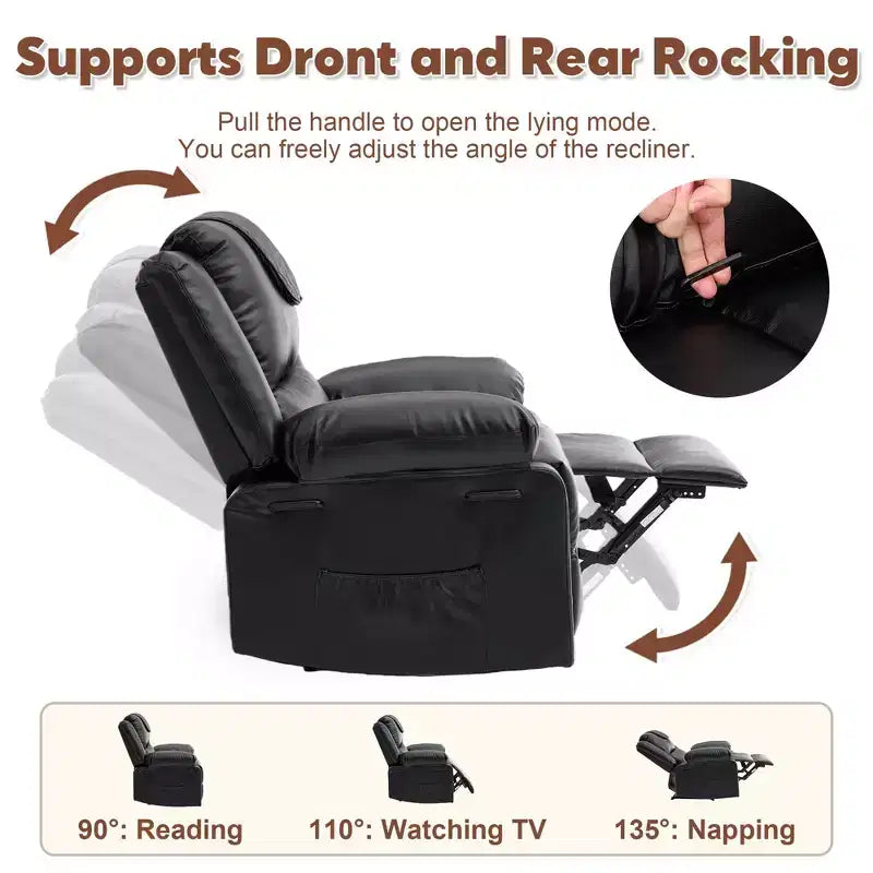 Fauteuil inclinable massant et chauffant pour adulte, inclinaison manuelle à 135°
