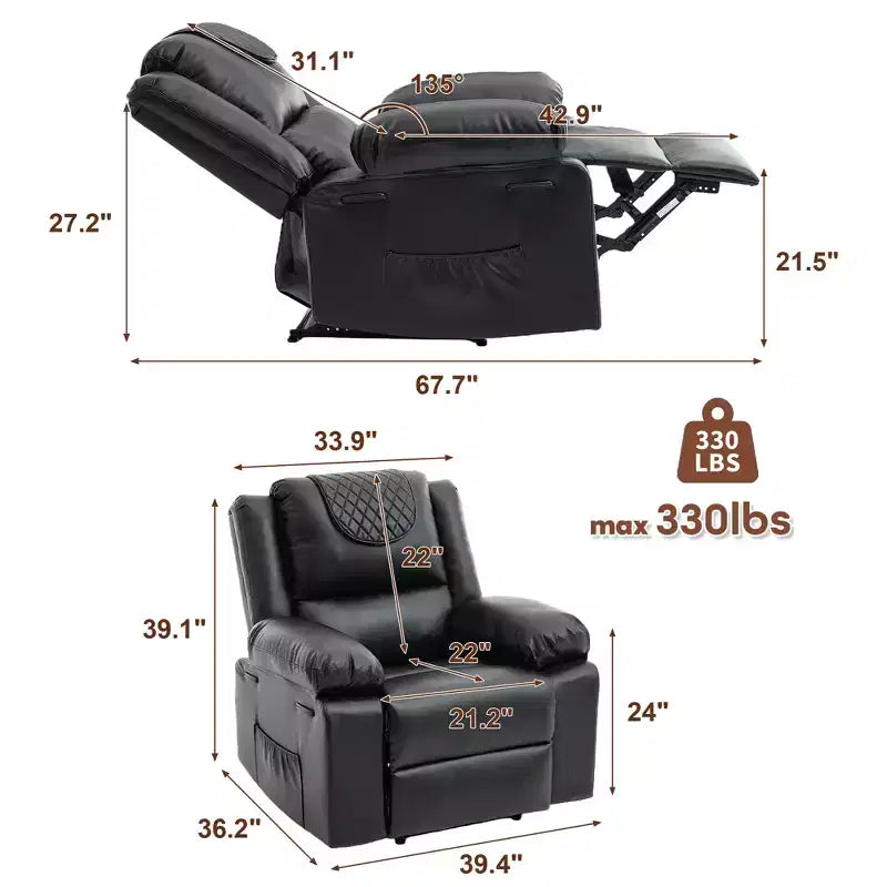 Fauteuil inclinable massant et chauffant pour adulte, inclinaison manuelle à 135°