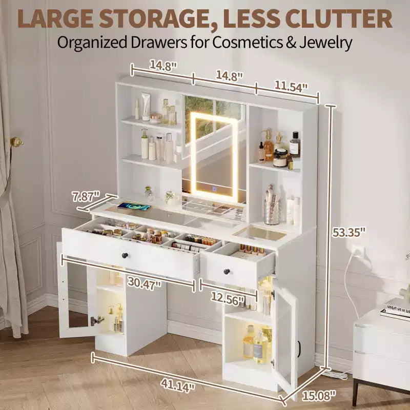 Grande coiffeuse avec miroir coulissant et lumières LED tricolores