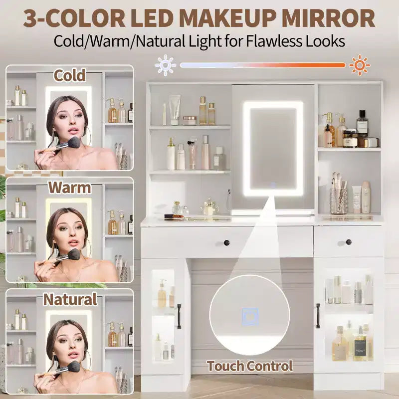 Grande coiffeuse avec miroir coulissant et lumières LED tricolores