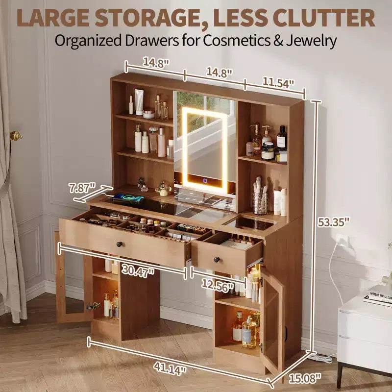 Grande coiffeuse avec miroir coulissant et lumières LED tricolores