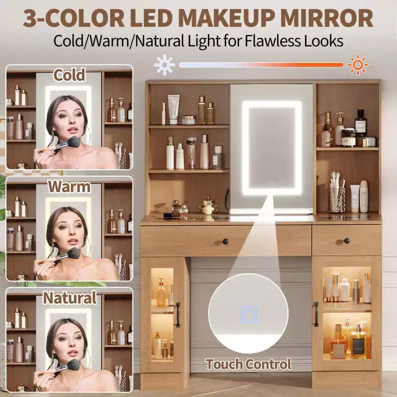 Grande coiffeuse avec miroir coulissant et lumières LED tricolores