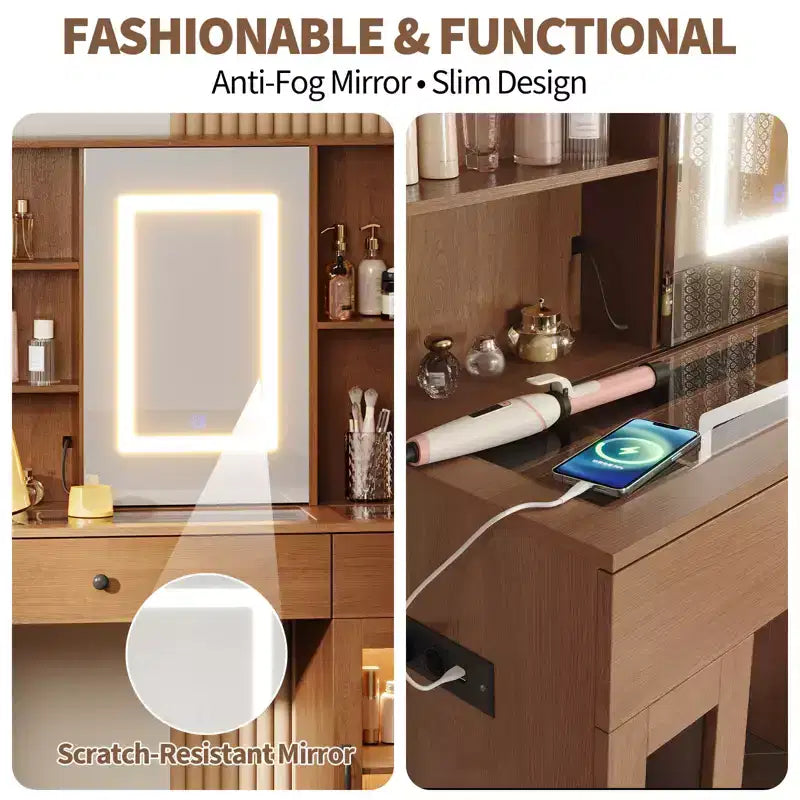 Grande coiffeuse avec miroir coulissant et lumières LED tricolores