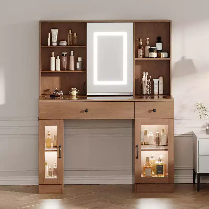Large Vanity Desk with Sliding Mirror & 3-Color LED Lights Makeup Dressing Table with Storage Drawers Shelves Cabinets MDF Beauty Station