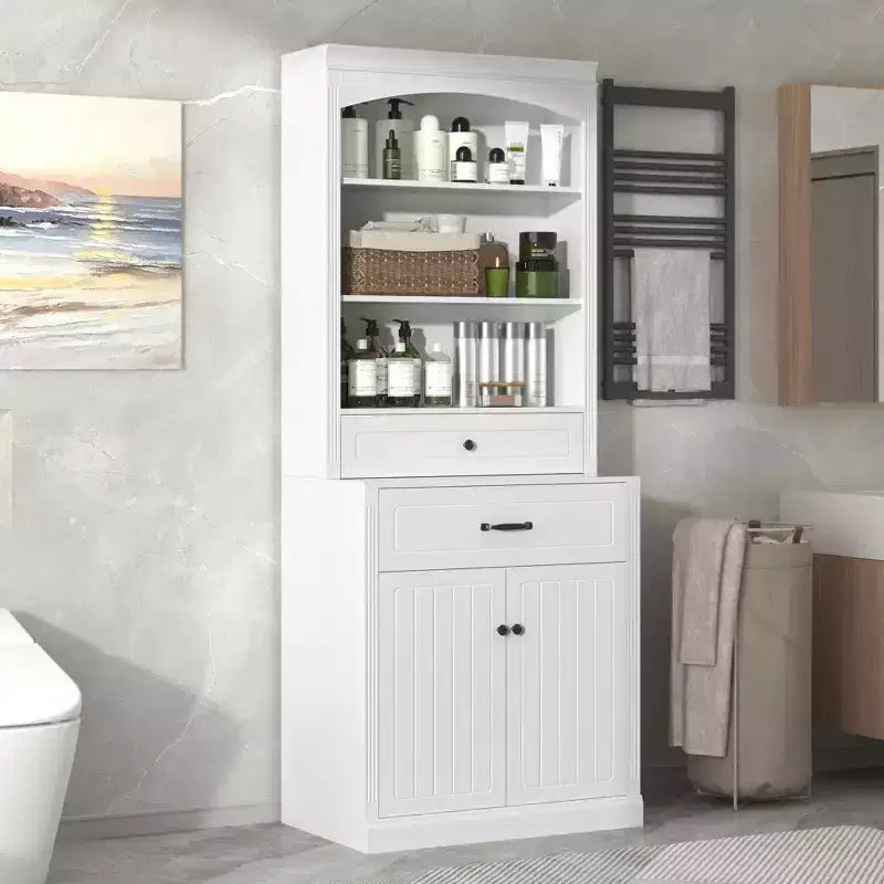 Meuble-lavabo blanc avec 4 tiroirs et des étagères réglables.