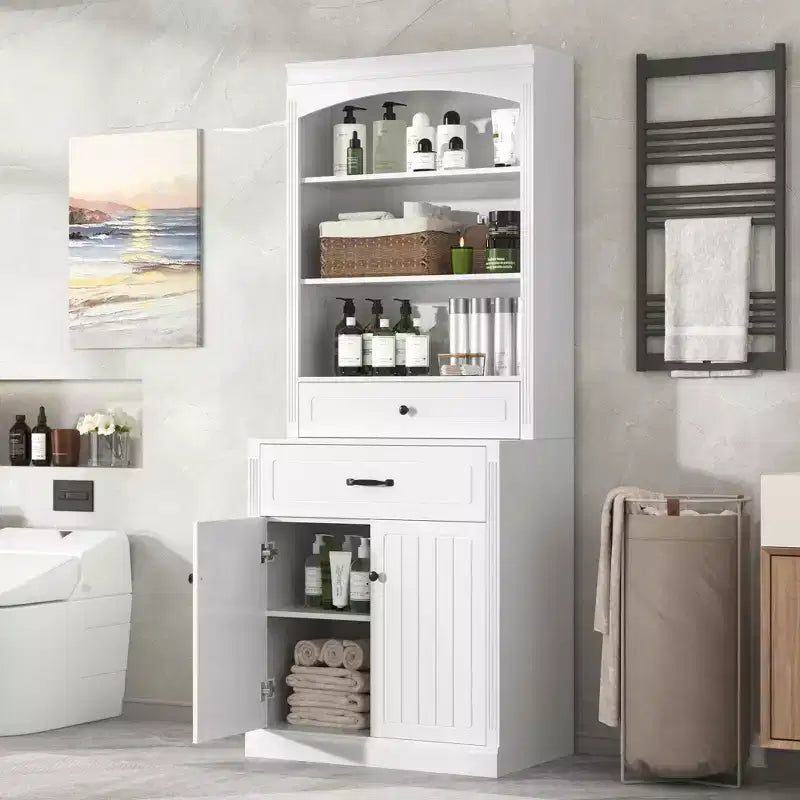 Meuble-lavabo blanc avec 4 tiroirs et des étagères réglables.