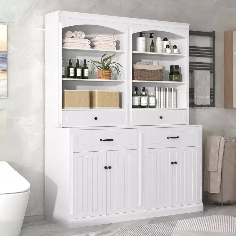 Meuble-lavabo blanc avec 4 tiroirs et des étagères réglables.
