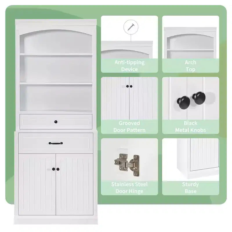 Meuble-lavabo blanc avec 4 tiroirs et des étagères réglables.