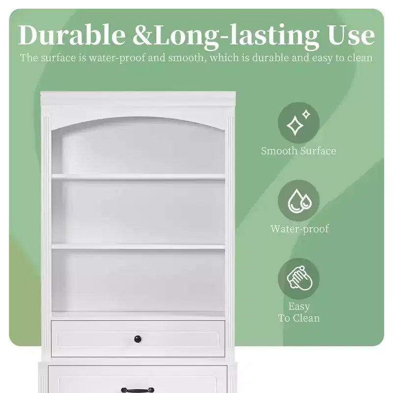 Meuble-lavabo blanc avec 4 tiroirs et des étagères réglables.