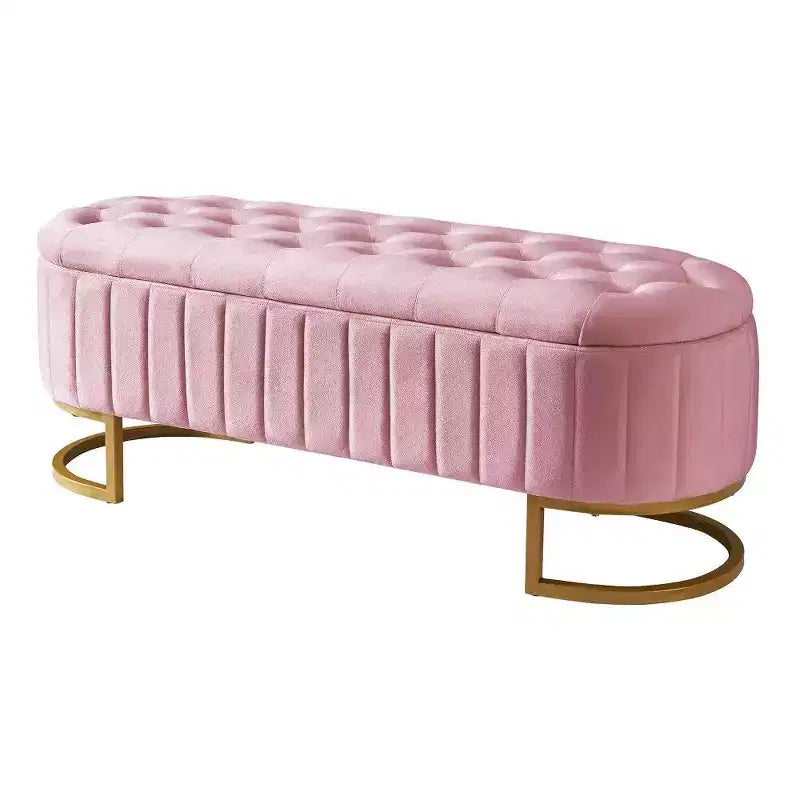Pouffe de rangement en velours avec coussin capitonné à boutons, tabouret de bout de lit