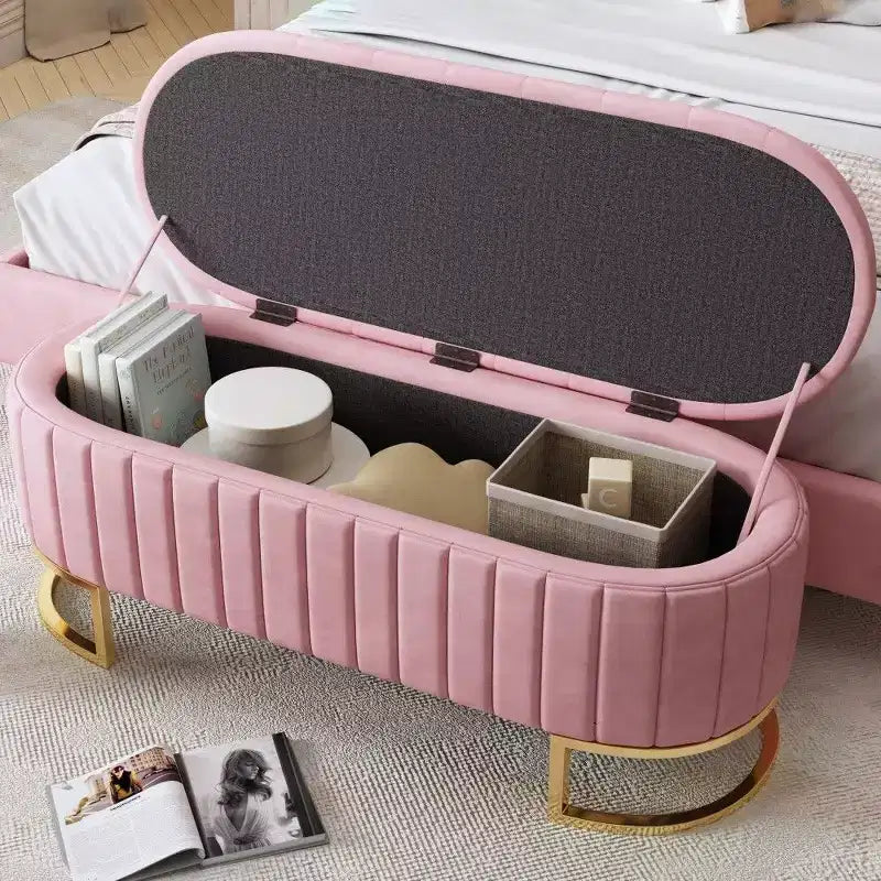 Pouffe de rangement en velours avec coussin capitonné à boutons, tabouret de bout de lit