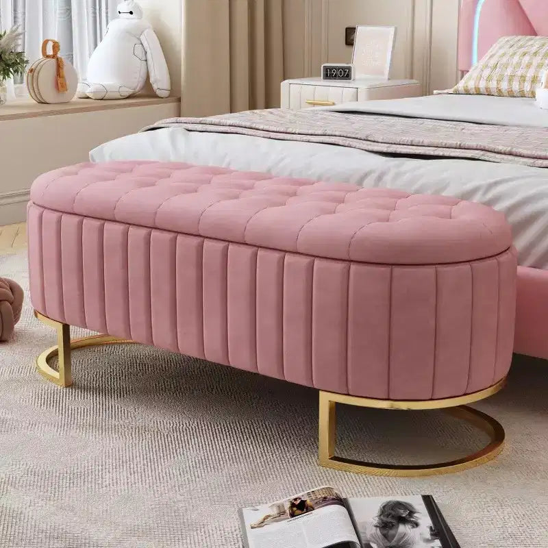 Pouffe de rangement en velours avec coussin capitonné à boutons, tabouret de bout de lit