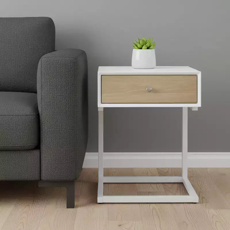Table de chevet en bois naturel et acier blanc avec tiroir et port USB
