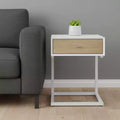 Table de chevet en bois naturel et acier blanc avec tiroir et port USB