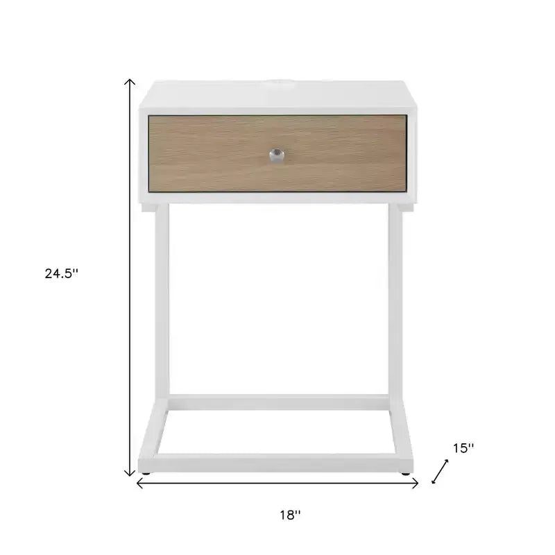 Table de chevet en bois naturel et acier blanc avec tiroir et port USB
