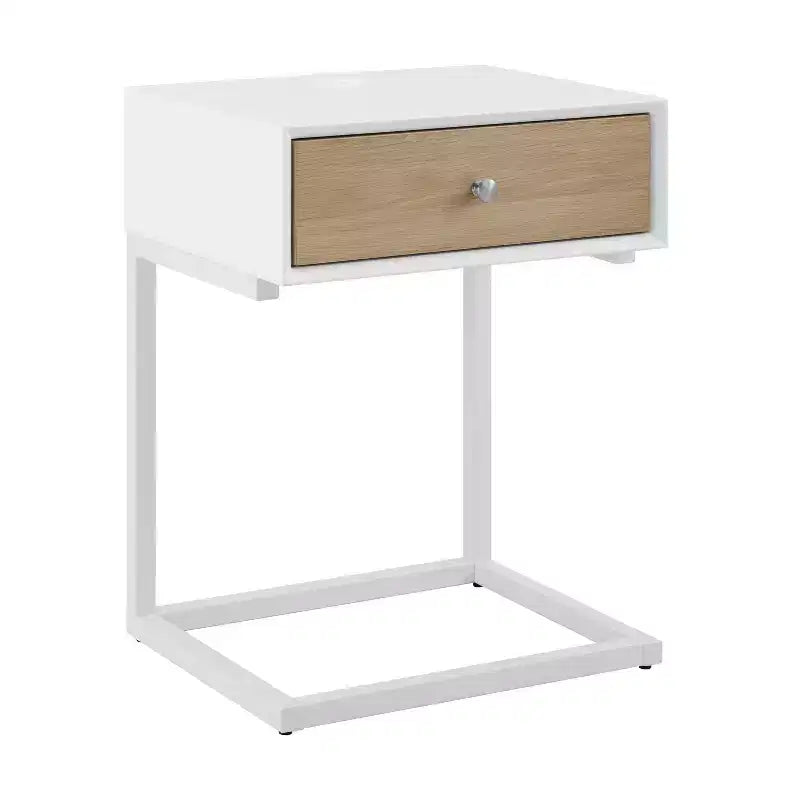 Table de chevet en bois naturel et acier blanc avec tiroir et port USB